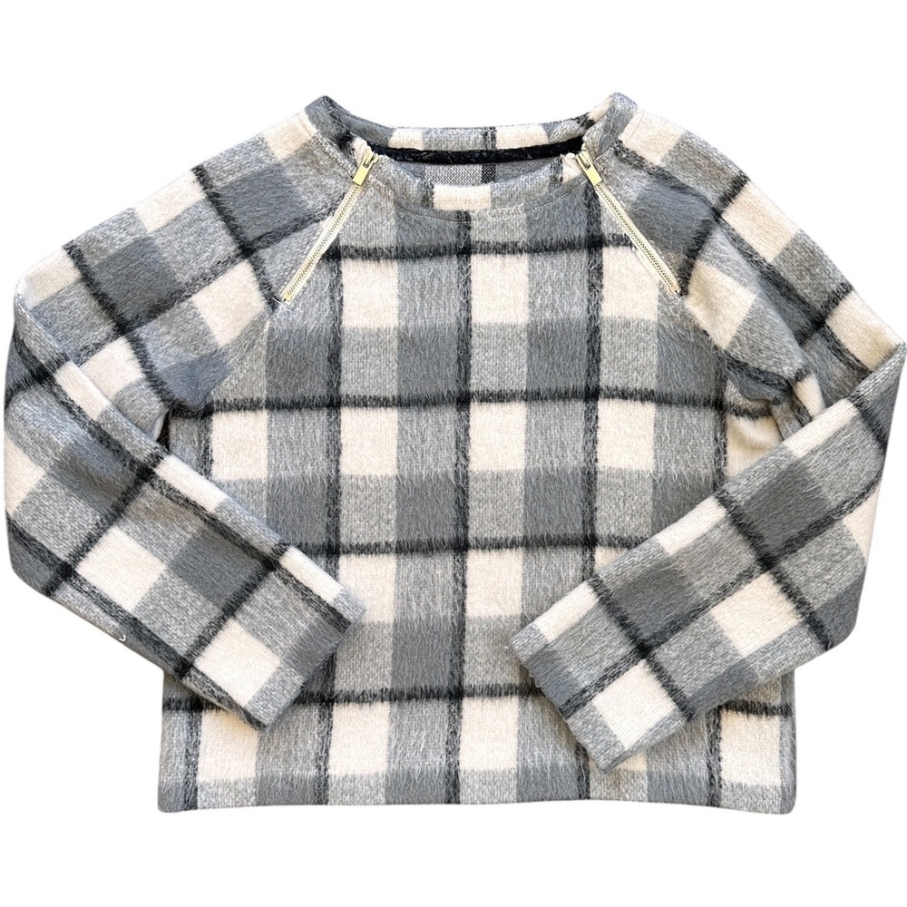 Abercrombie & Fitch Plaid Sweater Wmns Medium Grey White Excellent Shoulder Zip